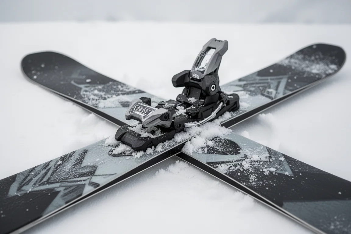 Wide twin tip skis carved hard on edge across a freshly groomed piste