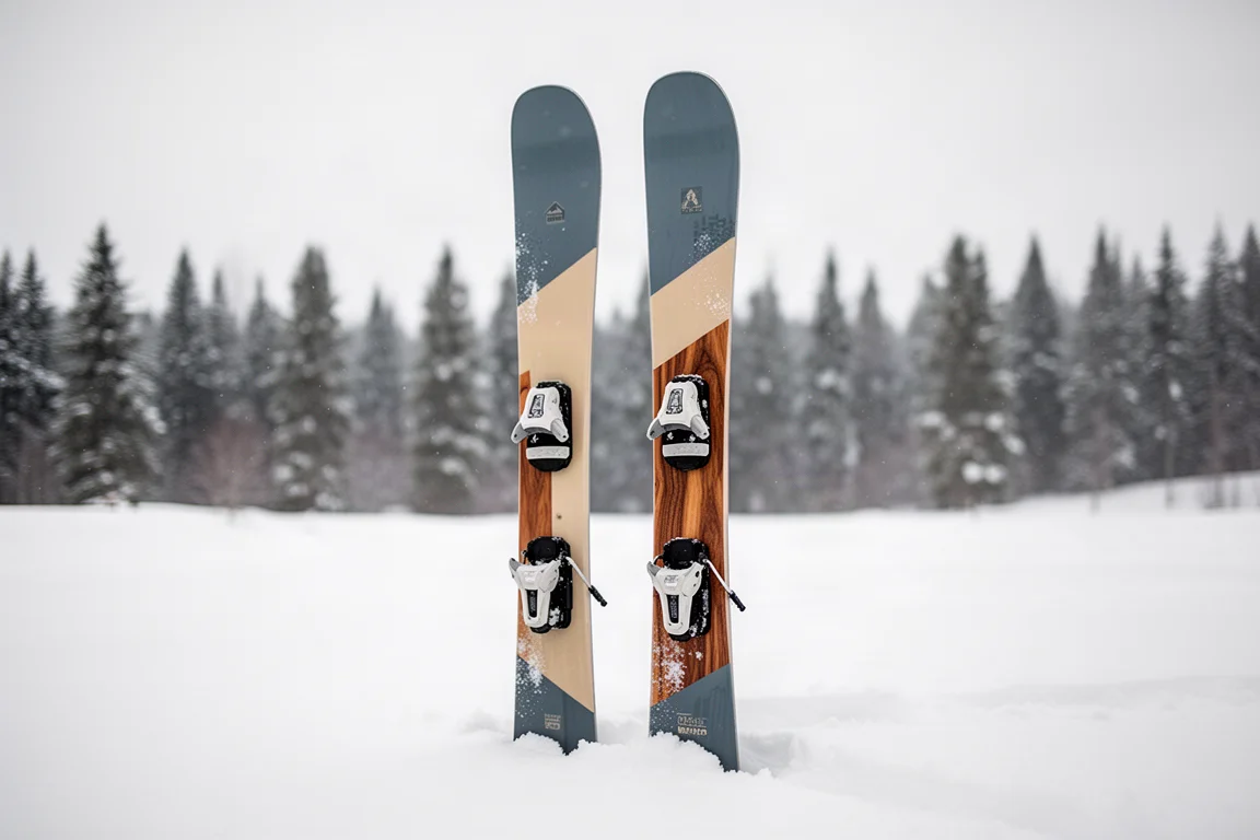 Wide freeride twin tip skis with light wood topsheets leaning on a concrete surface