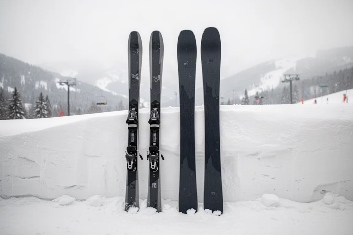 Dos pares de skis twin tips apoyados en un banco de nieve, uno junto al otro