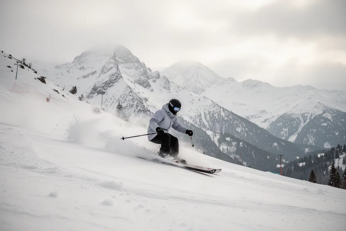 Skier carving through soft snow on a wide mountain slope