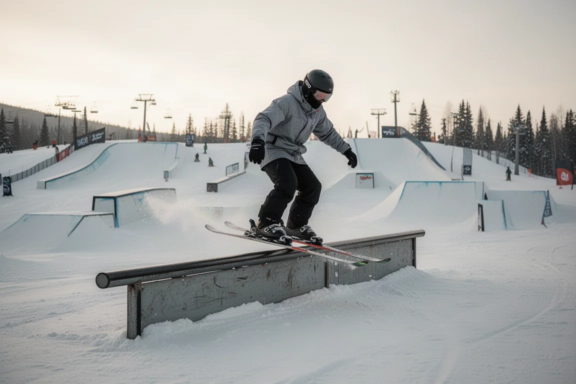 Skier approaching a park rail under evening light