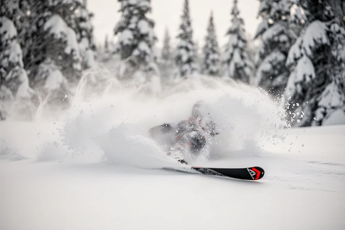 Powder spray kicked up during a turn in fresh snow