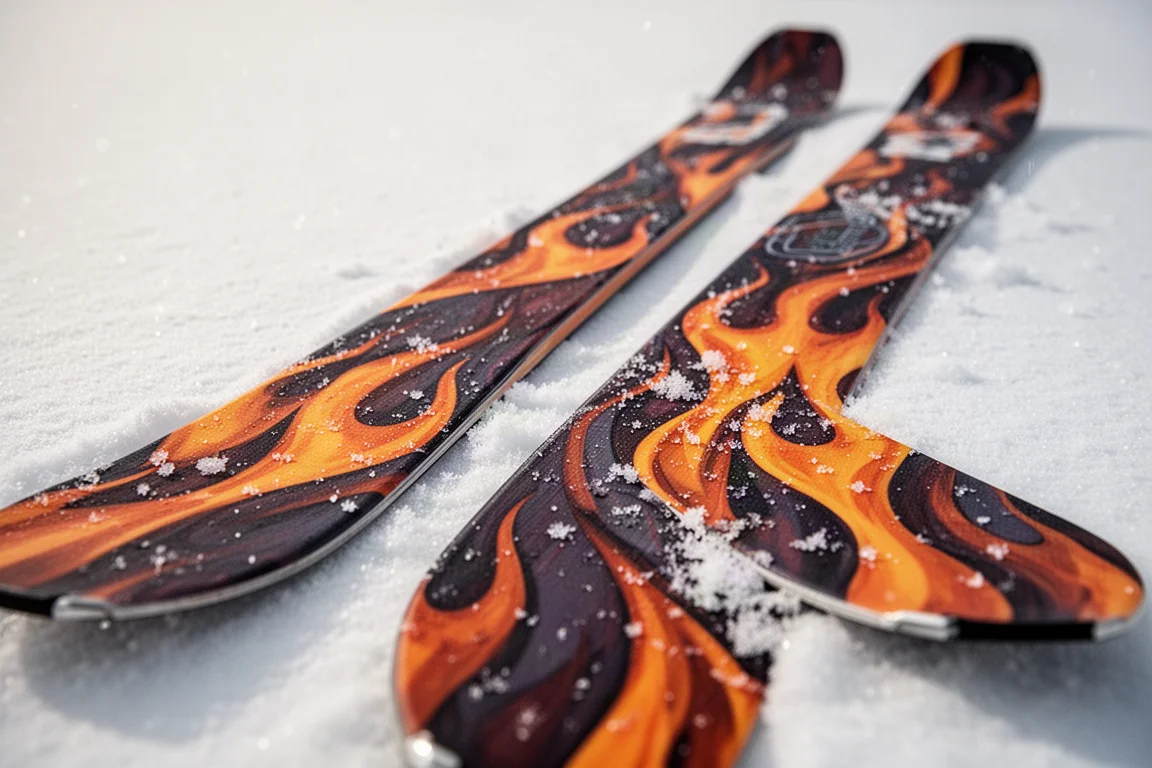 Colorful ski graphics with bold flame-inspired artwork on snow