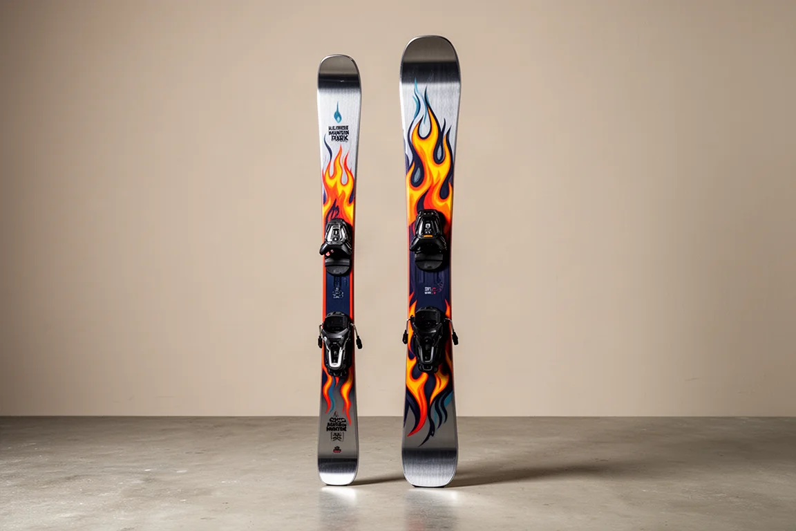 Line Chronic 94 and 101 freestyle skis standing upright on concrete surface