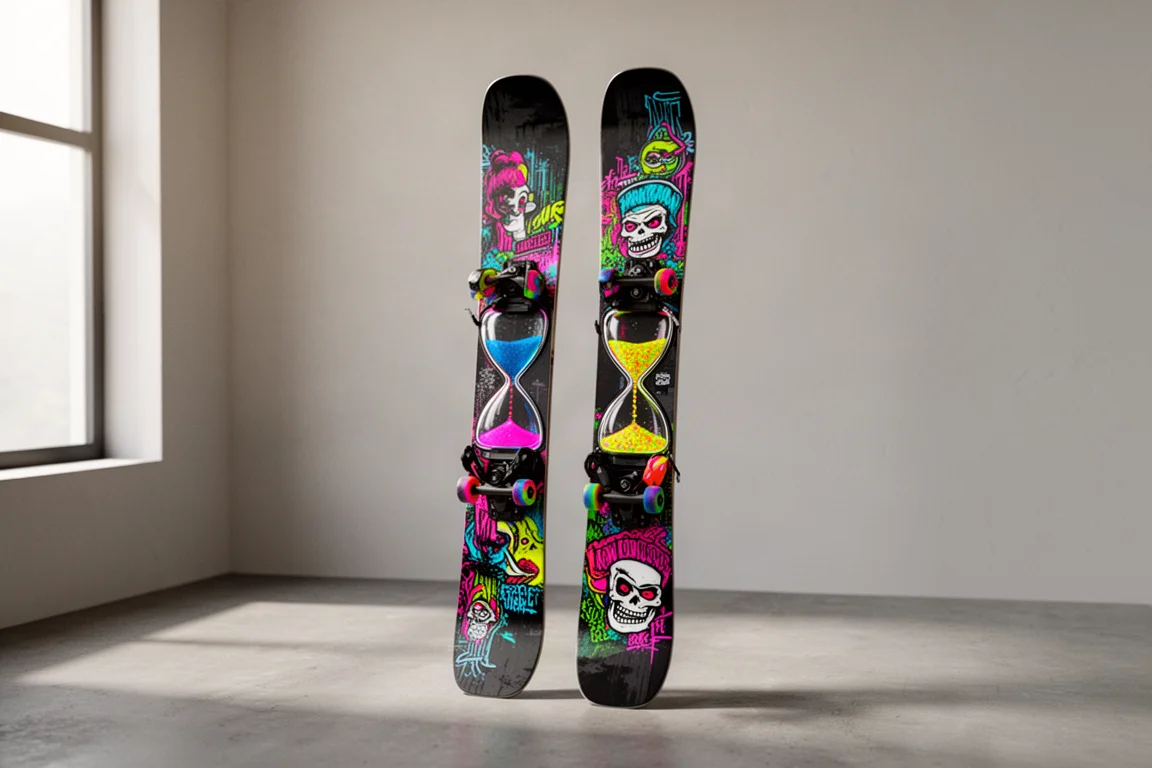 LINE Chronic Freestyle-Skier mit kräftigen Grafiken aufrecht auf Beton stehend
