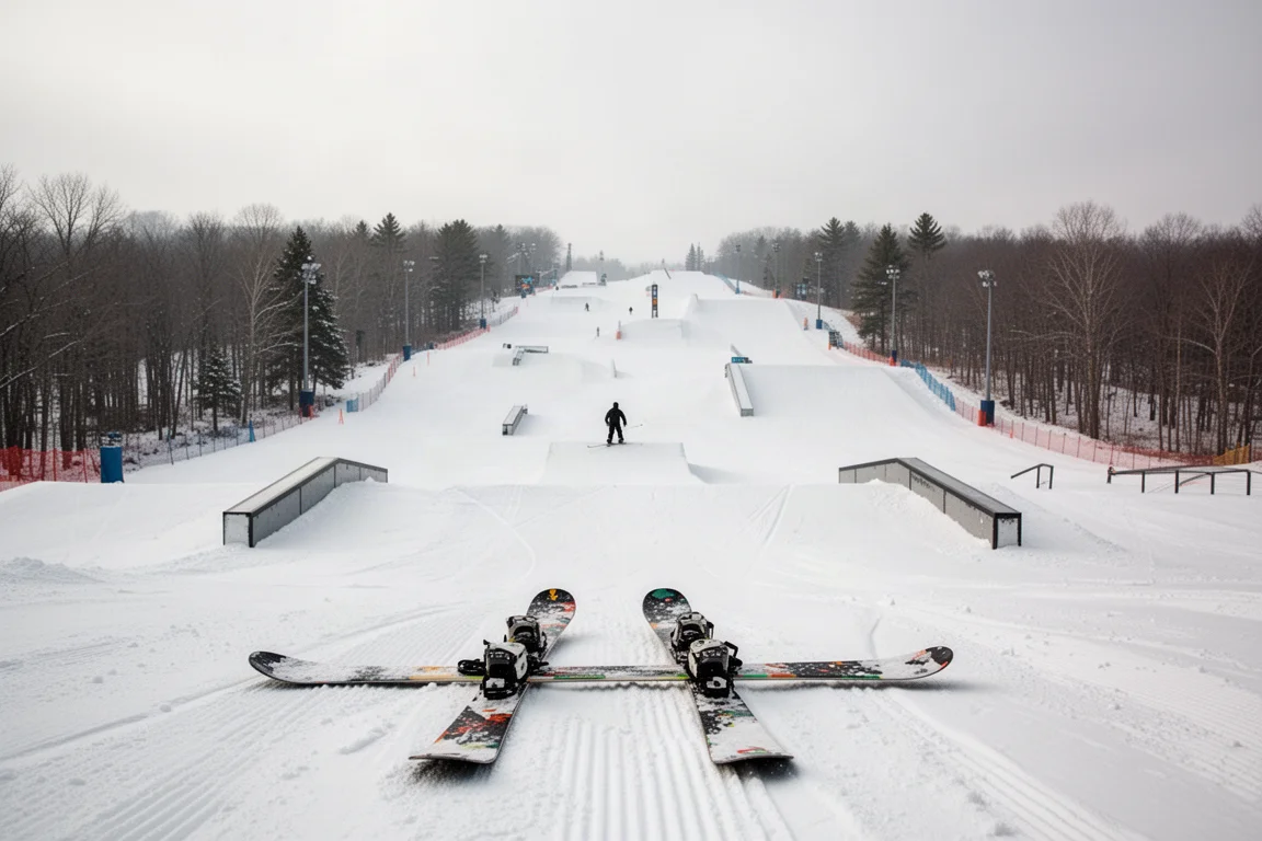 Giovane sciatore che fa una rotazione da un salto di snow park nella luce soffusa del pomeriggio