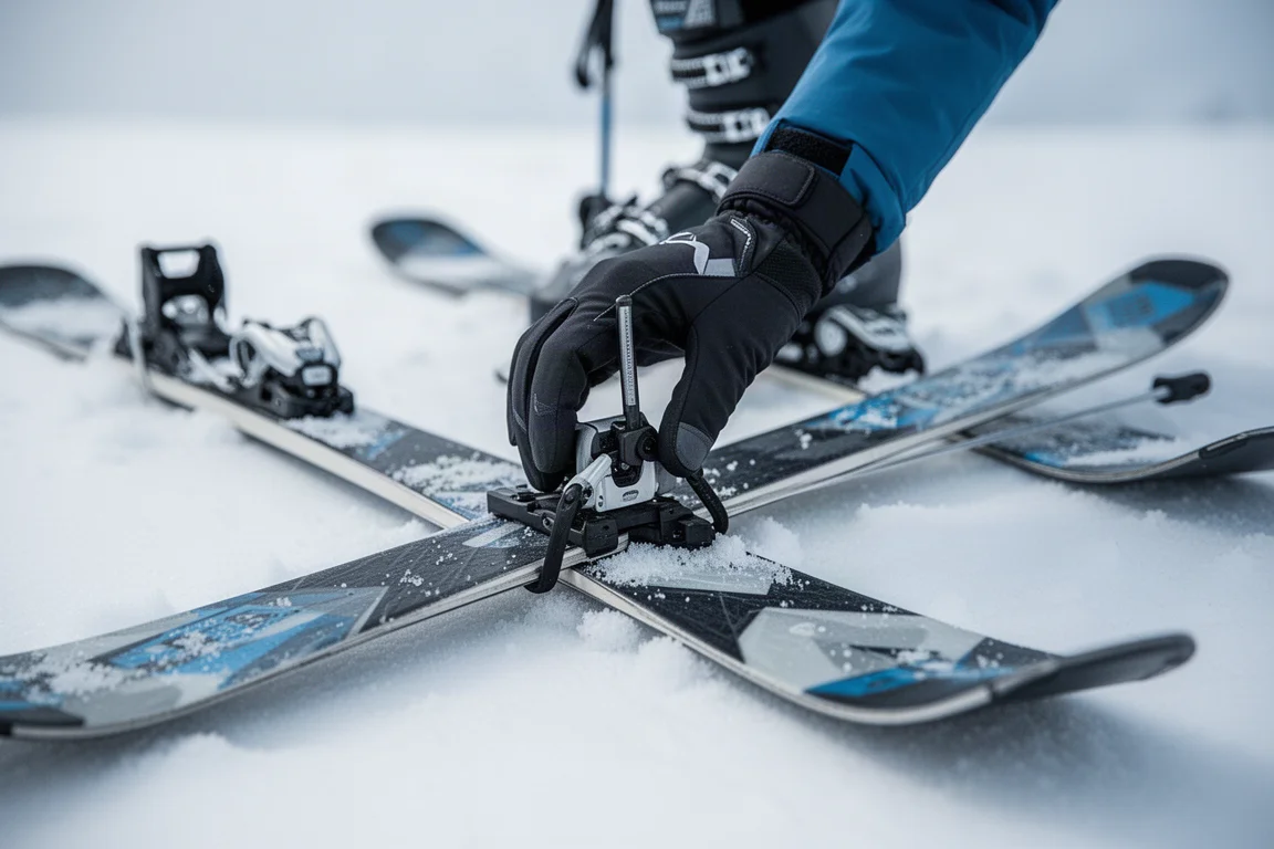 Dettaglio del top sheet di uno ski e del canto capped appoggiato su una rastrelliera innevata