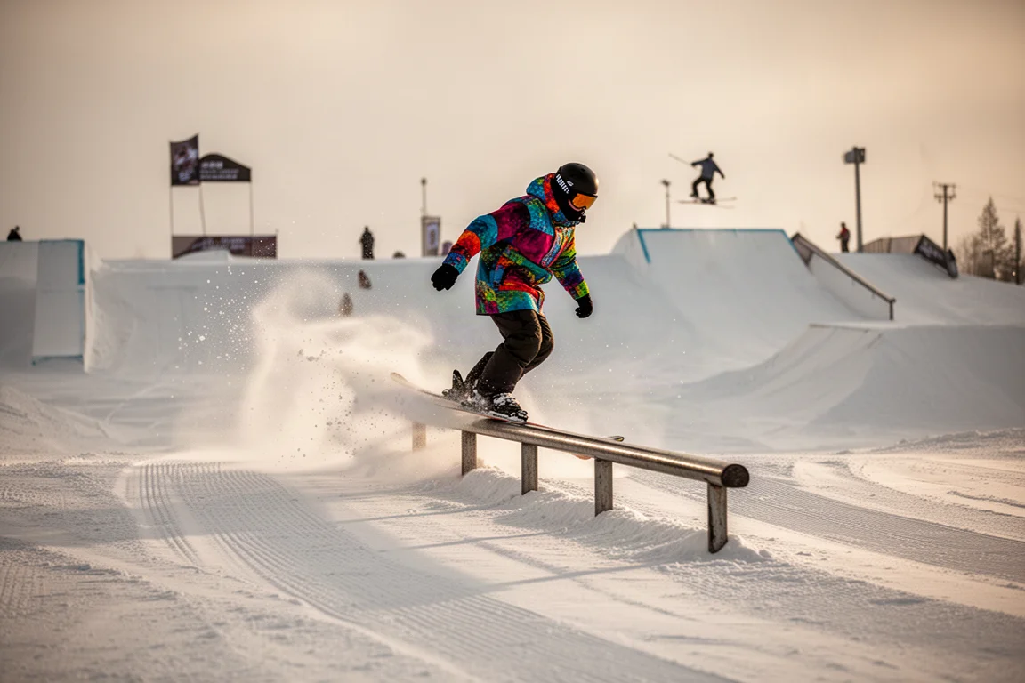 Freestyler podjeżdża do rury w snowparku w miękkim świetle