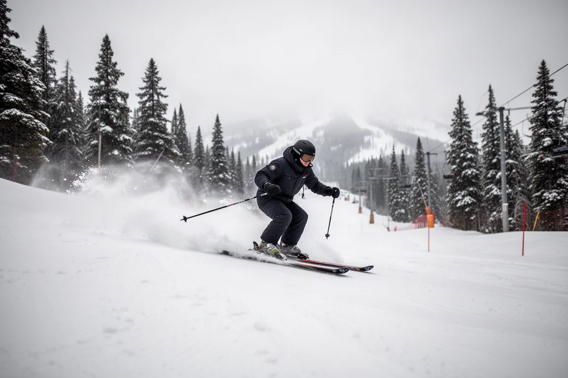 Skier charging down an icy groomed run at high speed