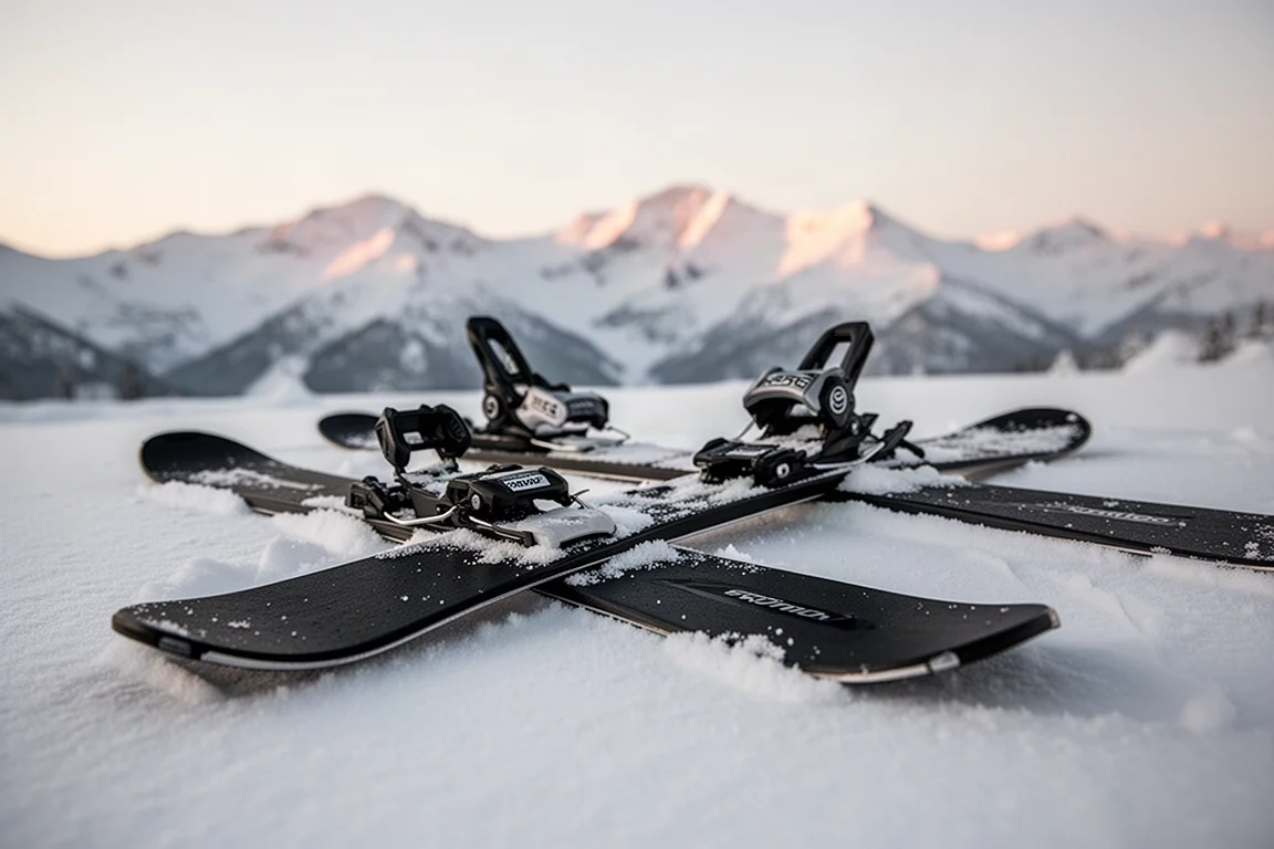 Close-up of ski bases and bindings on fresh powder at dawn
