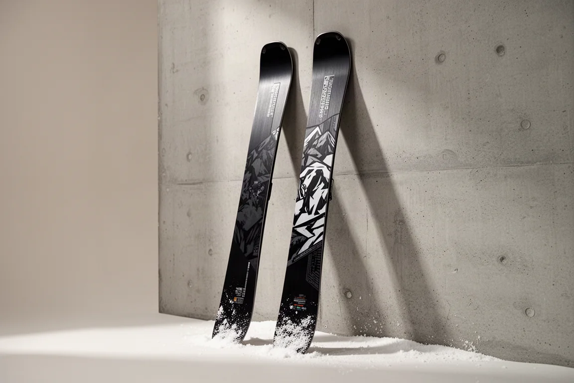 Pair of black Line Optic freeride skis leaning against a concrete wall with snow on the bases