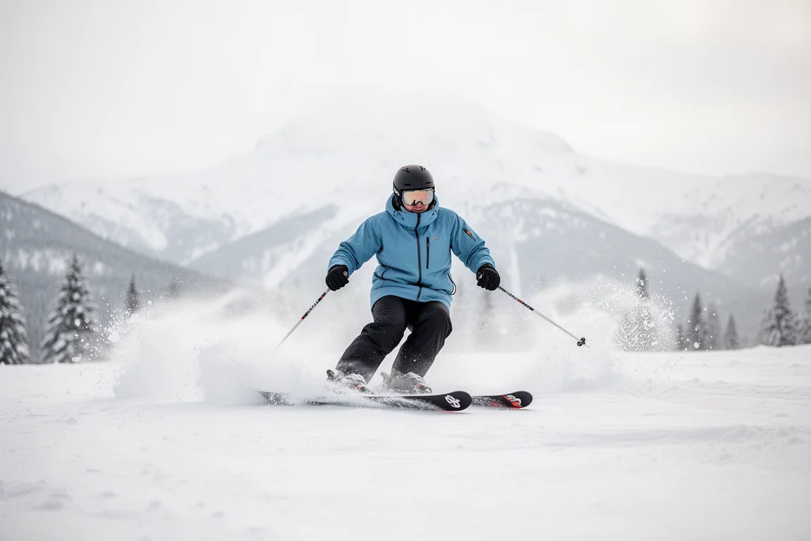 Narciarz płynący przez miękki śnieg na szerokiej narcie freeride w jasnym zimowym świetle