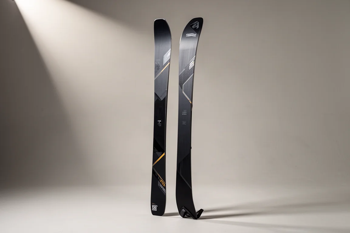 Narty freeride Line Pandora 106 stojące pionowo na szarym tle