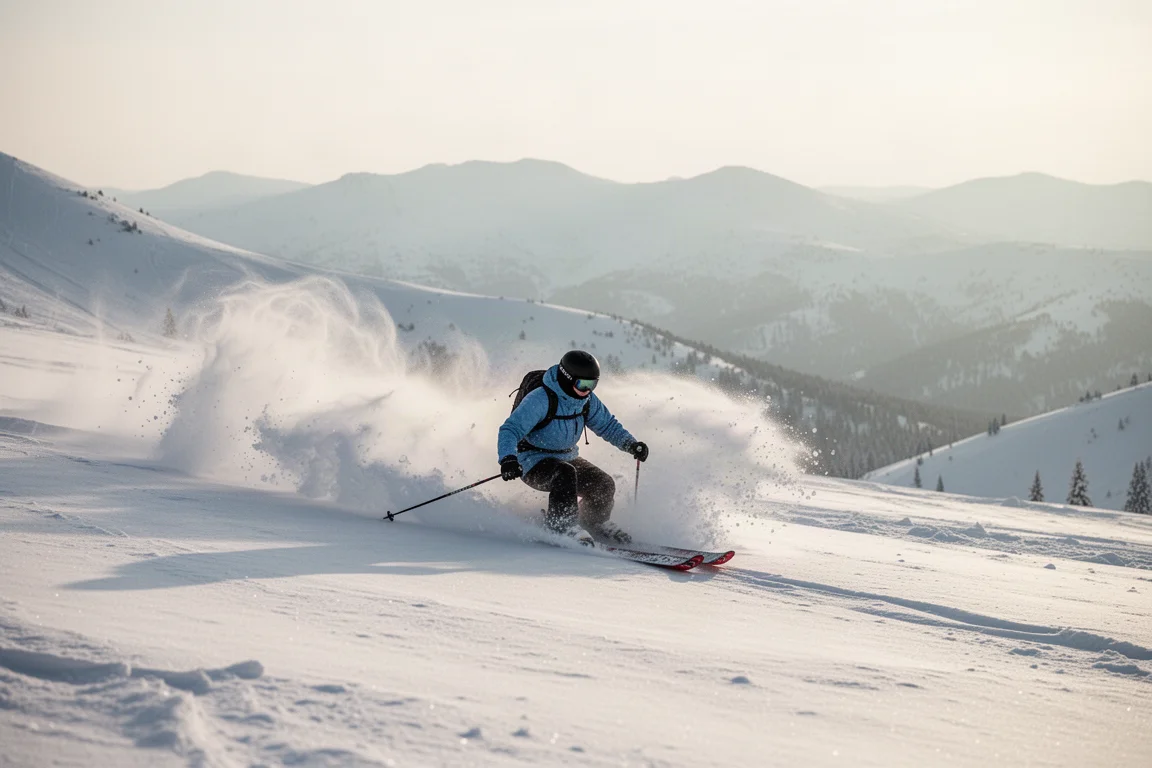 Skieur freeride traçant dans la poudreuse profonde avec un jet de neige