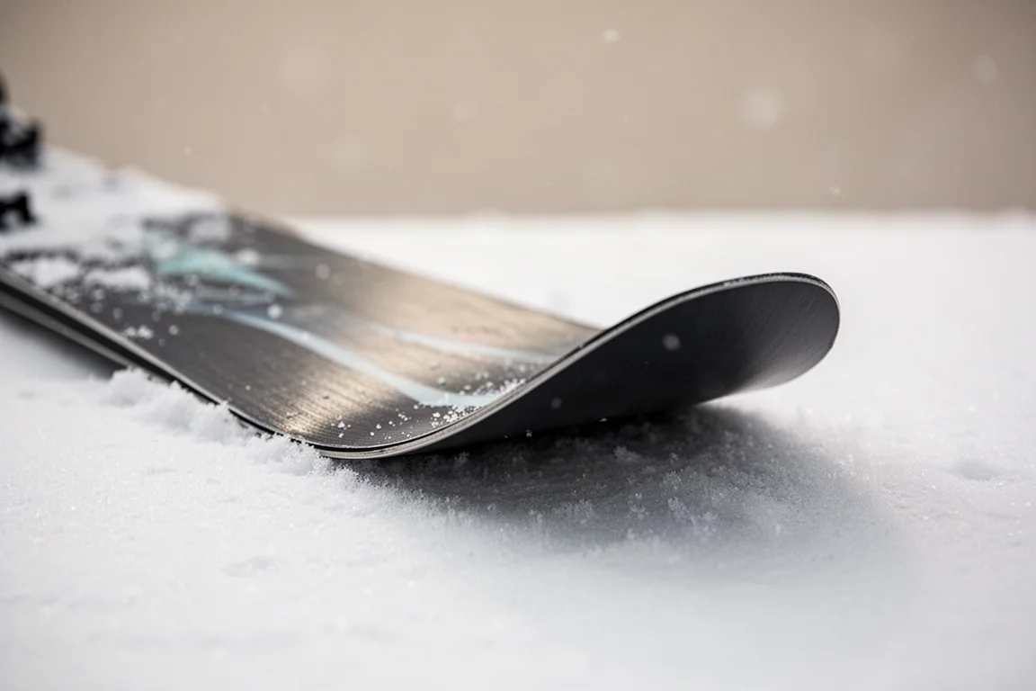 Gros plan sur la spatule d'un ski avec rocker et shape détaillés sur la neige