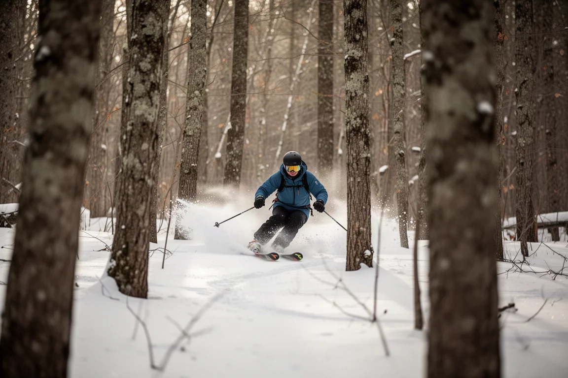 Skieur négociant des passages serrés entre les arbres sur une pente boisée