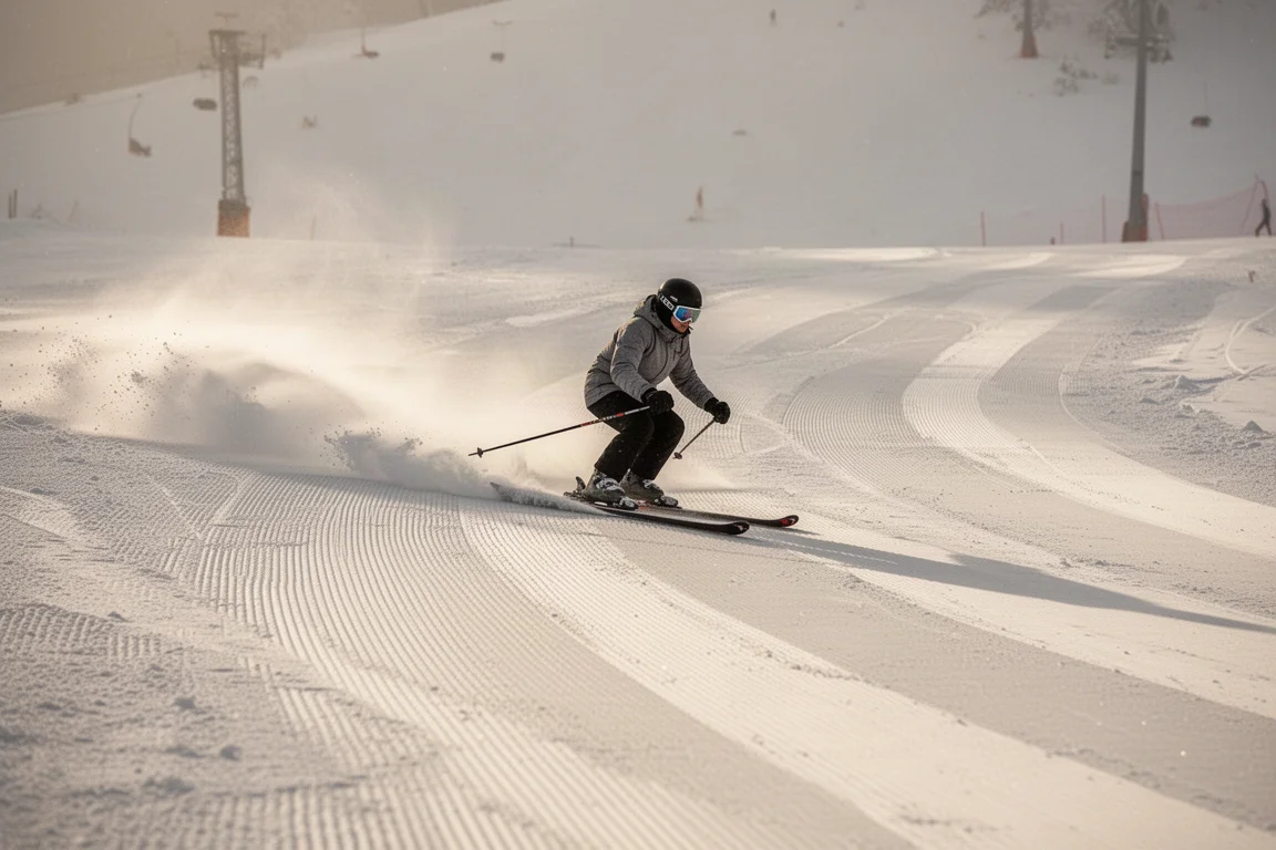 Skieur enchaînant des courbes fluides sur une piste damée de niveau intermédiaire