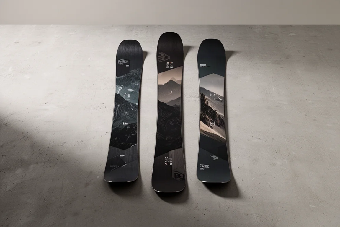 Trois skis freeride Line Pandora de largeurs différentes éventails posés sur une surface en béton