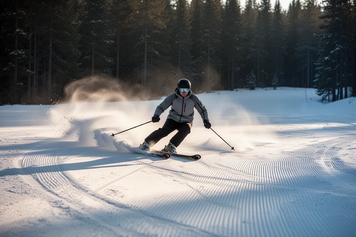 Skifahrer zieht einen weiten Bogen über eine frisch präparierte Piste im Licht des frühen Morgens