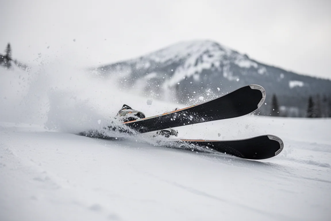 Aufnahme aus niedriger Perspektive: All-Mountain-Skier biegen sich bei einem geschnittenen Schwung auf Hartpack durch