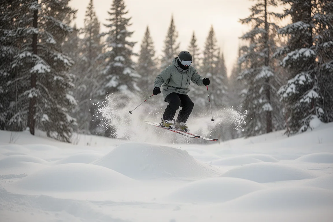 Skifahrer springt von einer kleinen Welle in weiche Buckel ab, während Schnee um die Ski aufstaubt