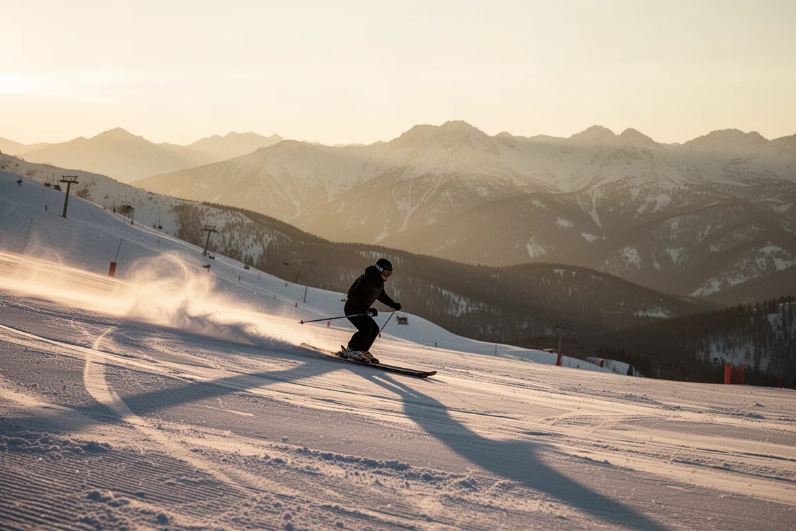 Skifahrer quert in der goldenen Stunde einen breit präparierten Hang, dahinter Bergketten
