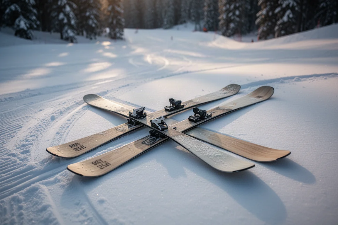 Narty all-mountain o szerokości 85mm leżące na przygotowanym śniegu o świcie