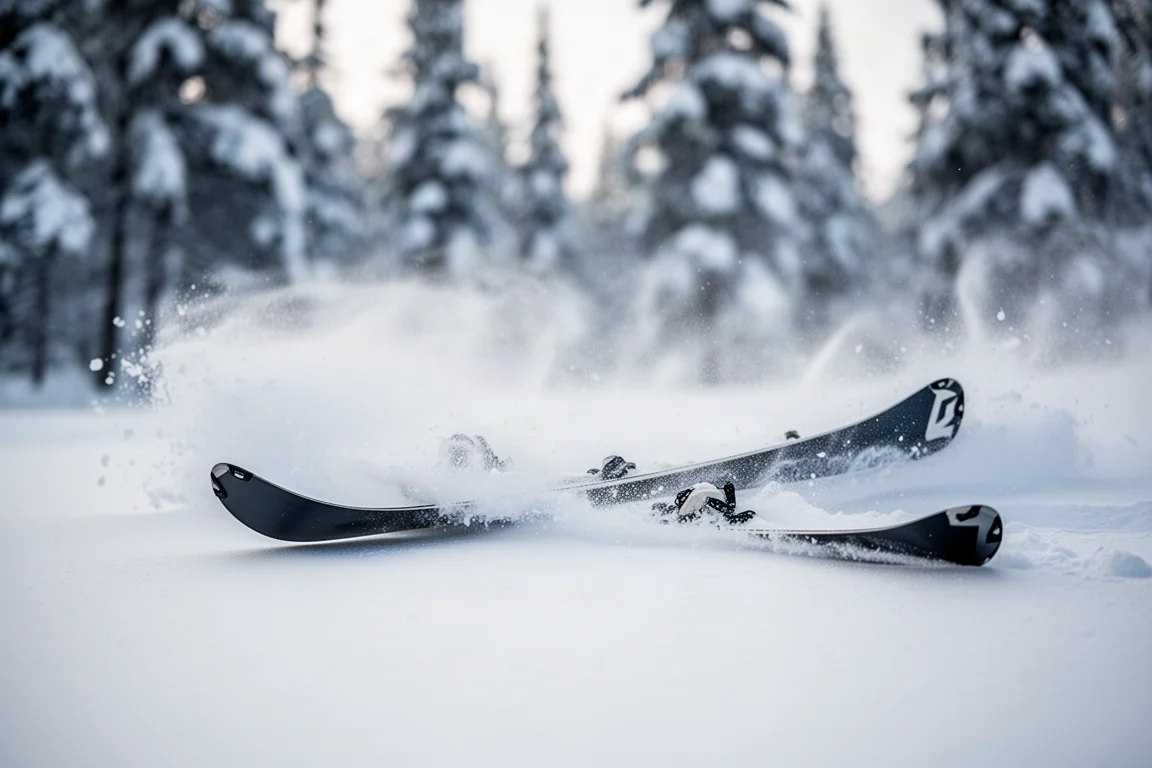 Twin-Tip-Skispitzen und -enden schneiden seitlich durch tiefen, weichen Schnee