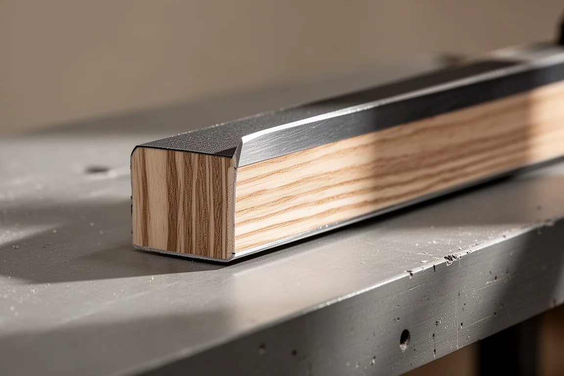 Nahaufnahme einer Skikante mit vertikalem Sidewall-Laminat und sichtbarer Maserung des Holzkerns