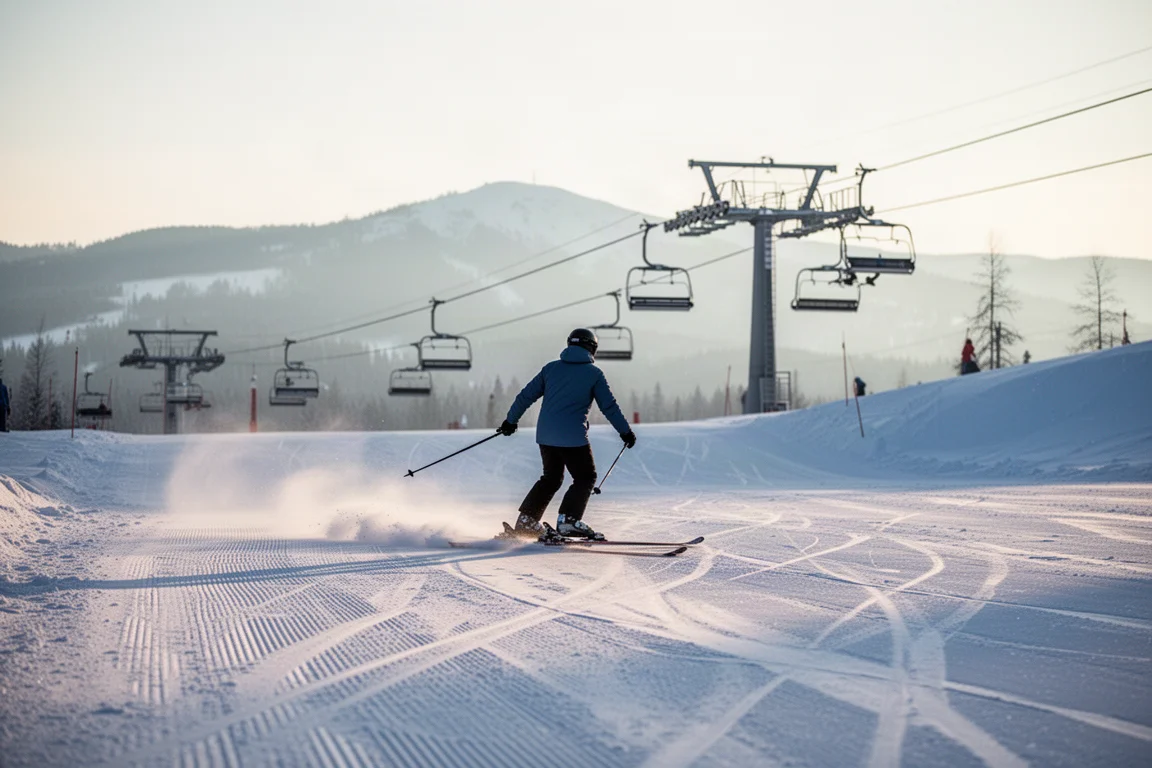 Skifahrer skatert im Morgenlicht auf einer präparierten Piste Richtung Sessellift