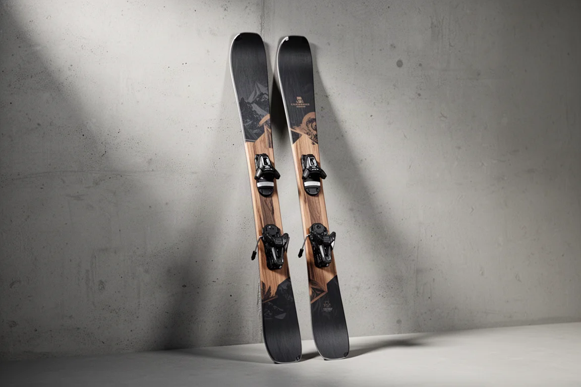 Freeride twin tip skis leaning against a concrete wall in soft studio light