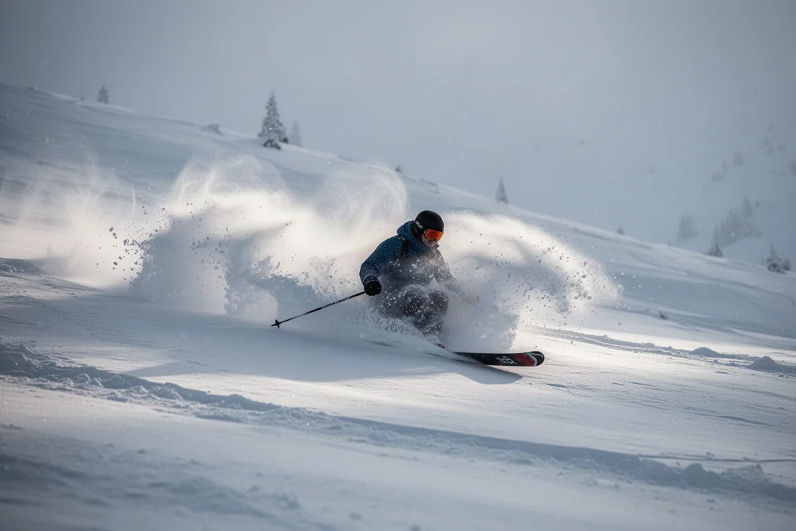 Skieur surfant dans la poudreuse profonde sur un ski large à queue d'aronde