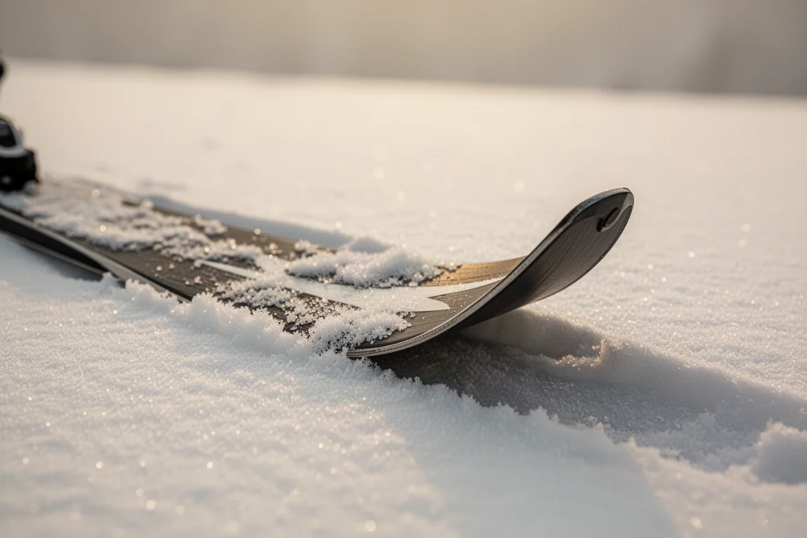 Gros plan sur la queue d'aronde d'un ski s'enfonçant dans la neige tendre