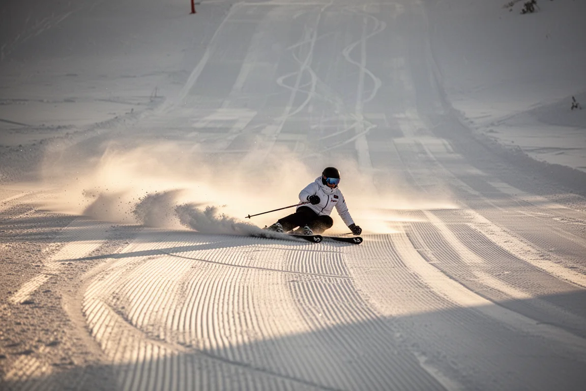 Skieur enchaînant des virages sur pistes damées dans une douce lumière matinale
