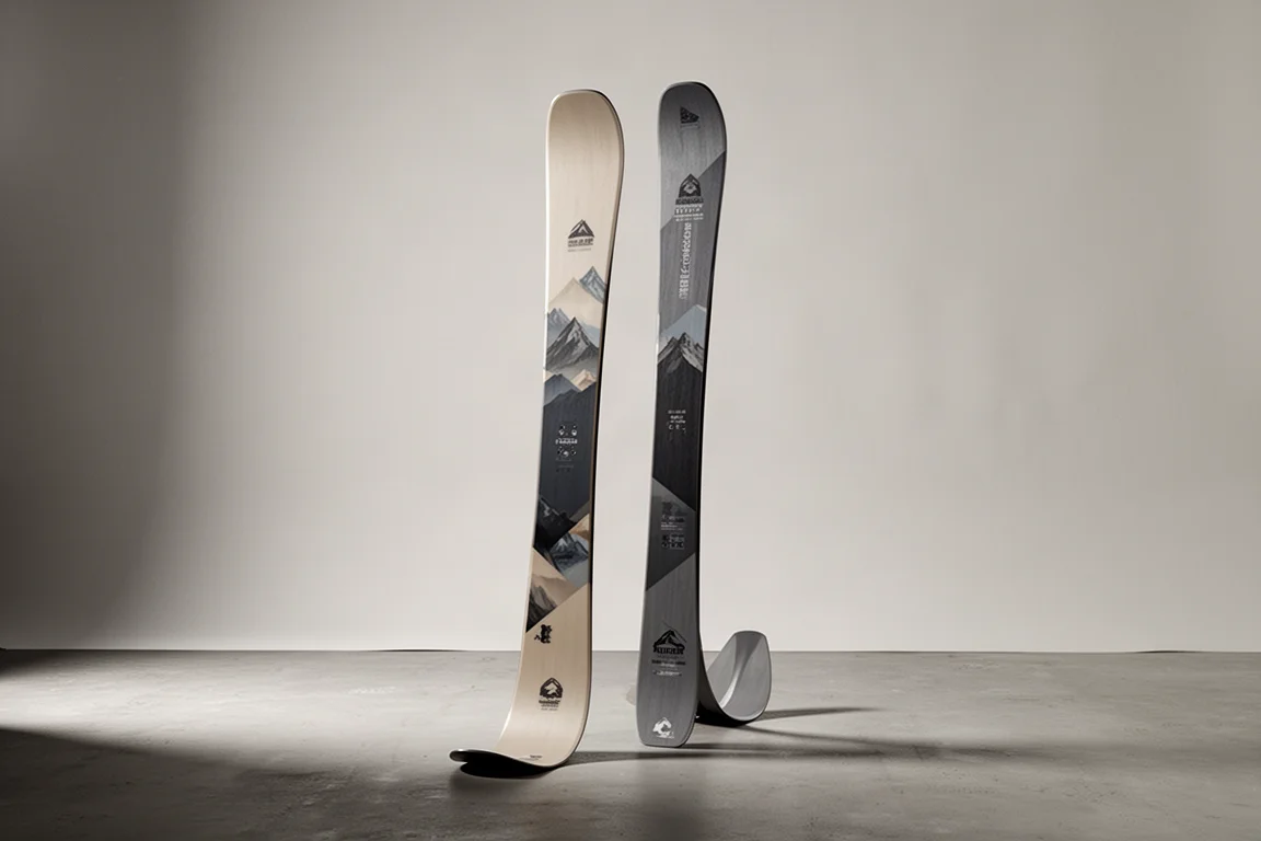Two swallow-tailed skis standing side by side on a grey studio backdrop