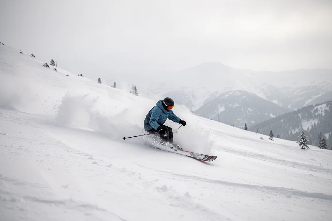Freeride-Fahrer zieht in tiefem Schnee an einem Großberg-Hang einen smearigen Schwung