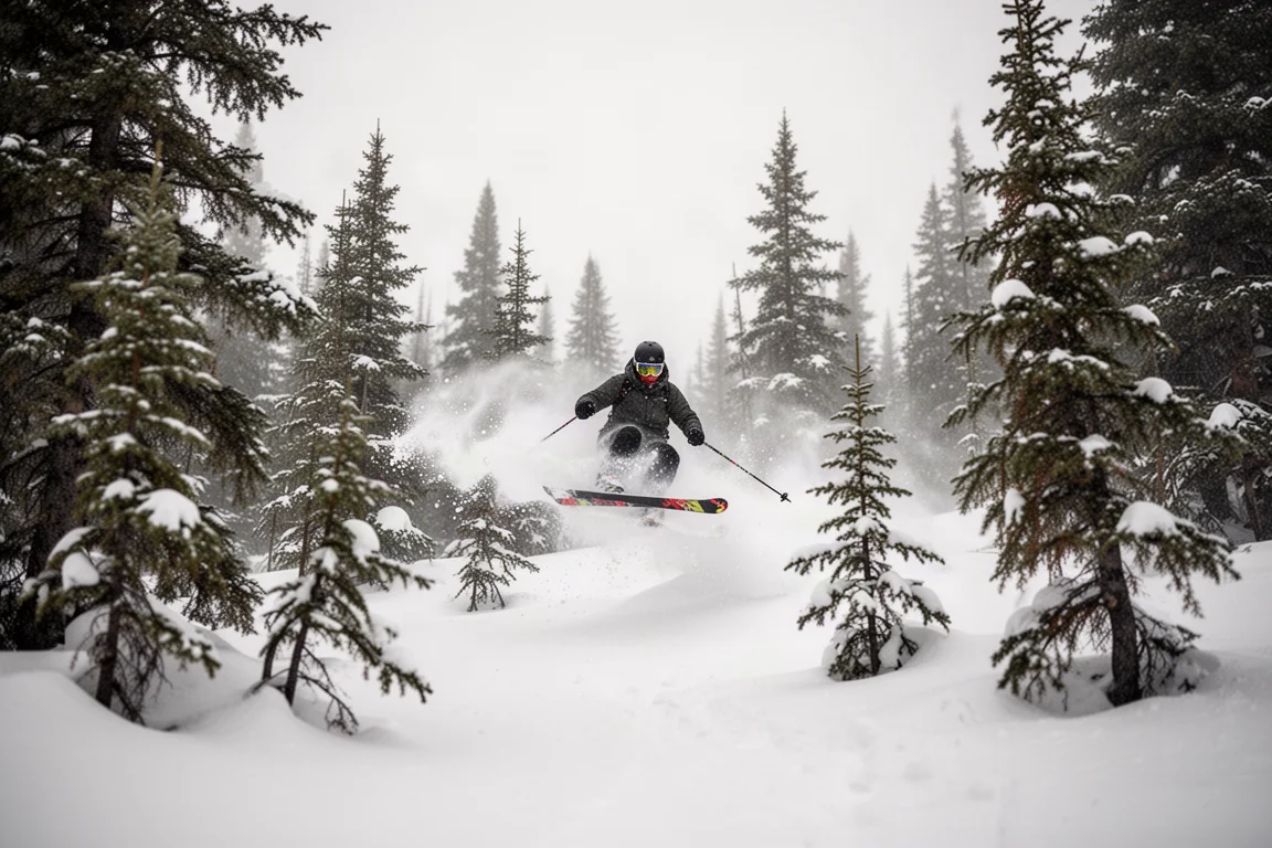 Esquiador de freeride deslizándose por nieve polvo ligera entre árboles de hoja perenne con luz suave