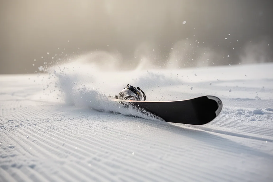 Vista en ángulo bajo de un esquí ancho apoyado en su canto trazando un arco sobre nieve pisada