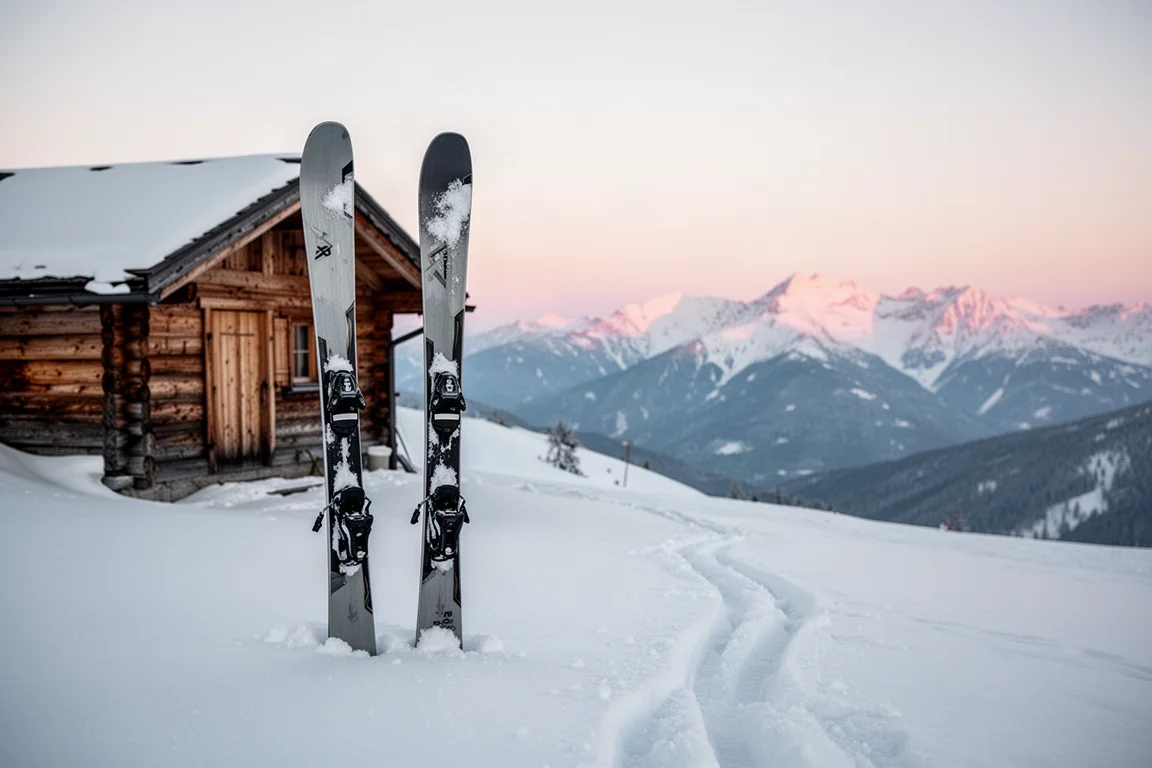 Dos esquíes anchos clavados verticalmente en nieve fresca junto a una cabaña de madera al amanecer
