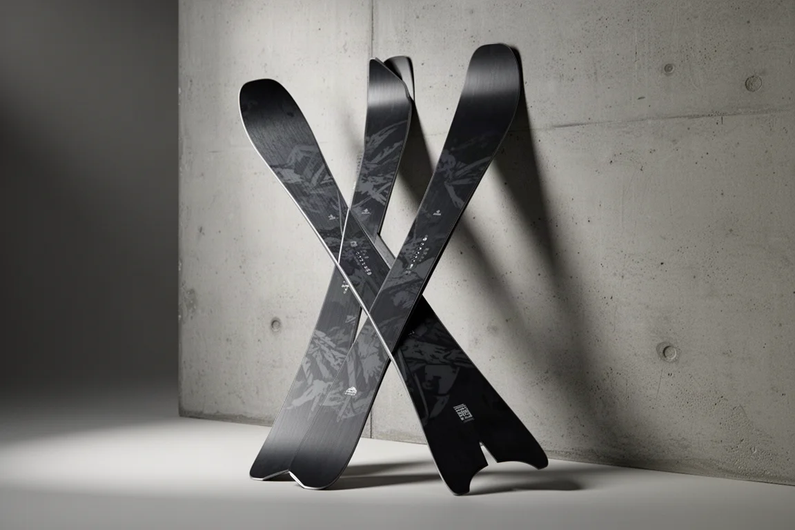 Pair of wide freeride skis with swallow tails leaning against a concrete wall