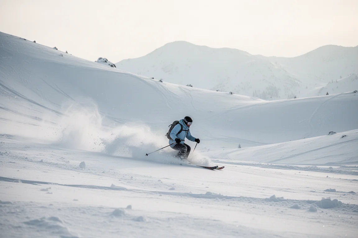 Esquiador flotando sobre nieve polvo suave en un cuenco abierto