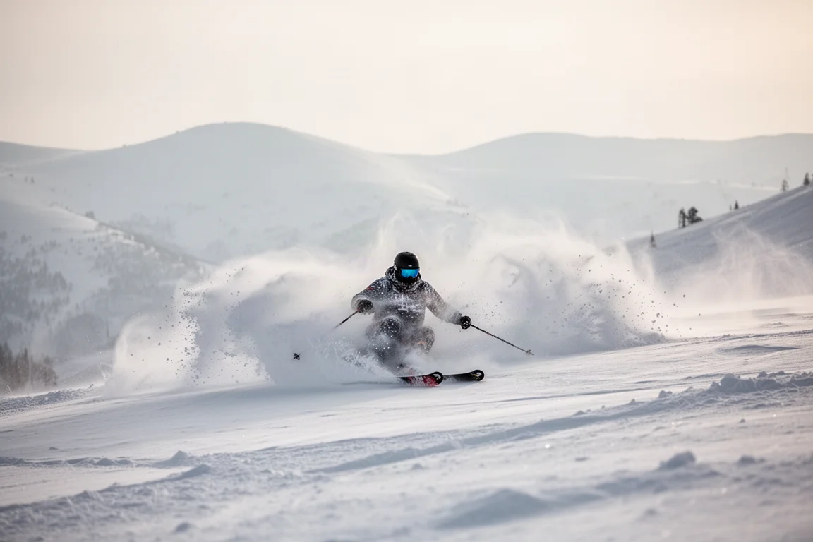 Freeride skier floating through deep soft snow with a spray of powder