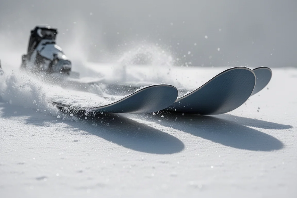 Close-up of wide ski tips planing up through soft snow