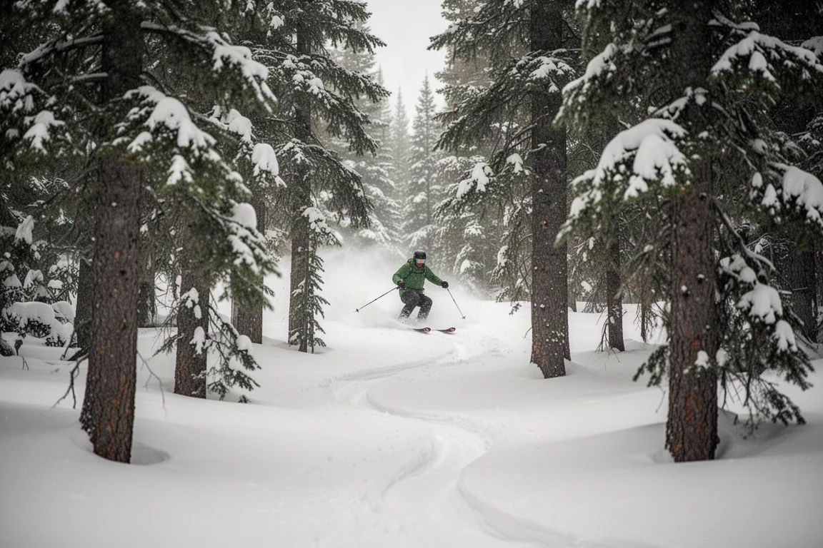 Skier weaving through tight snowy trees on a soft snow day