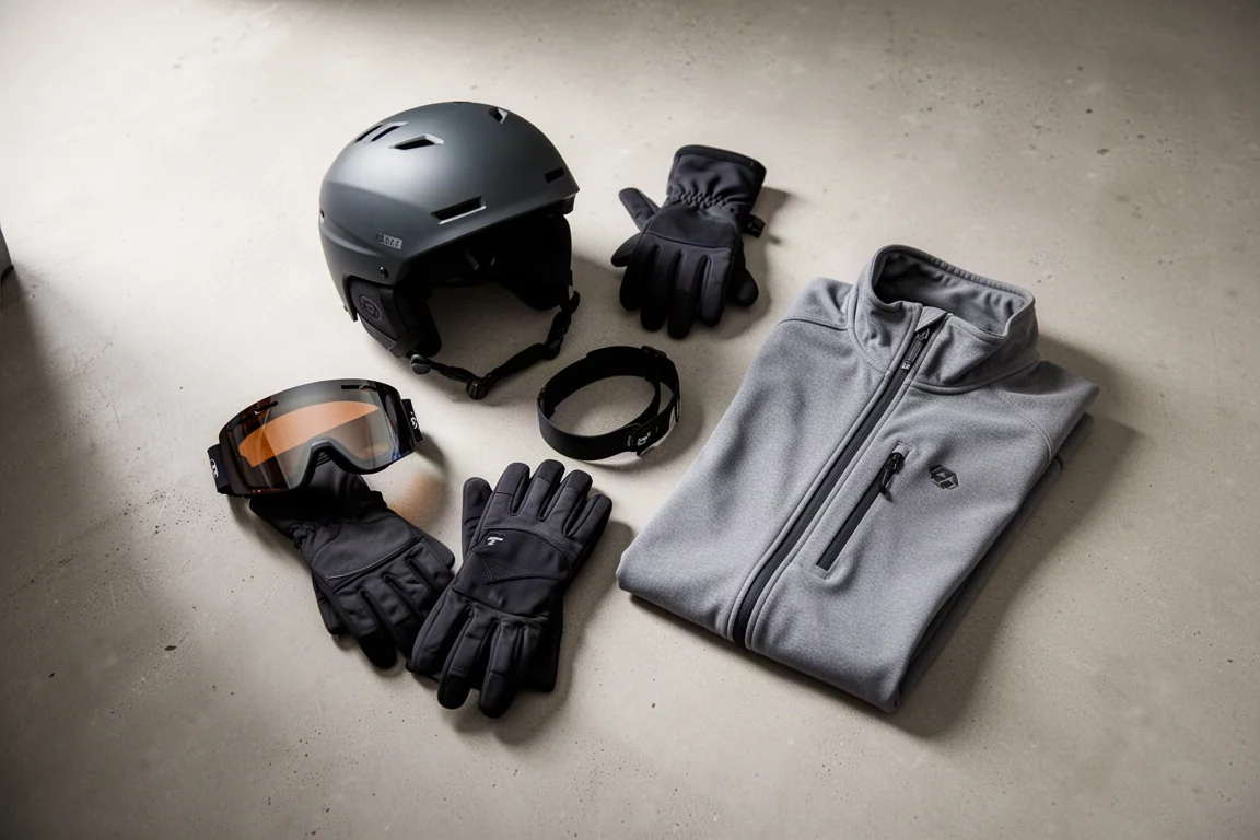 Overhead flat-lay of freeride ski gear on a neutral concrete surface
