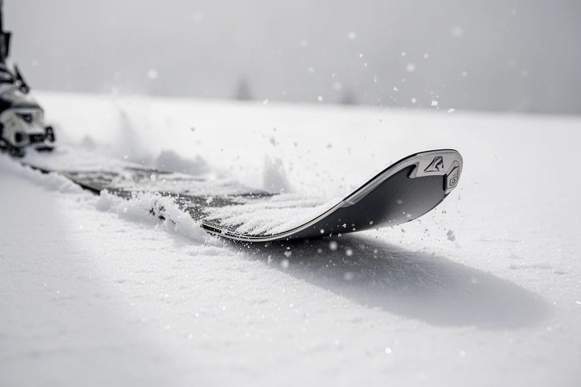 滑雪板板尖在深粉雪中彎曲的特寫