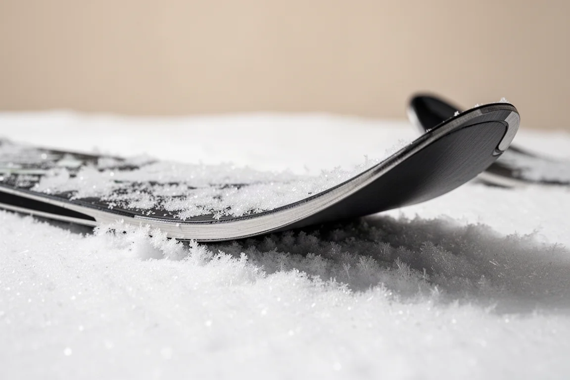 新雪上滑雪板側壁及板底鋼邊特寫