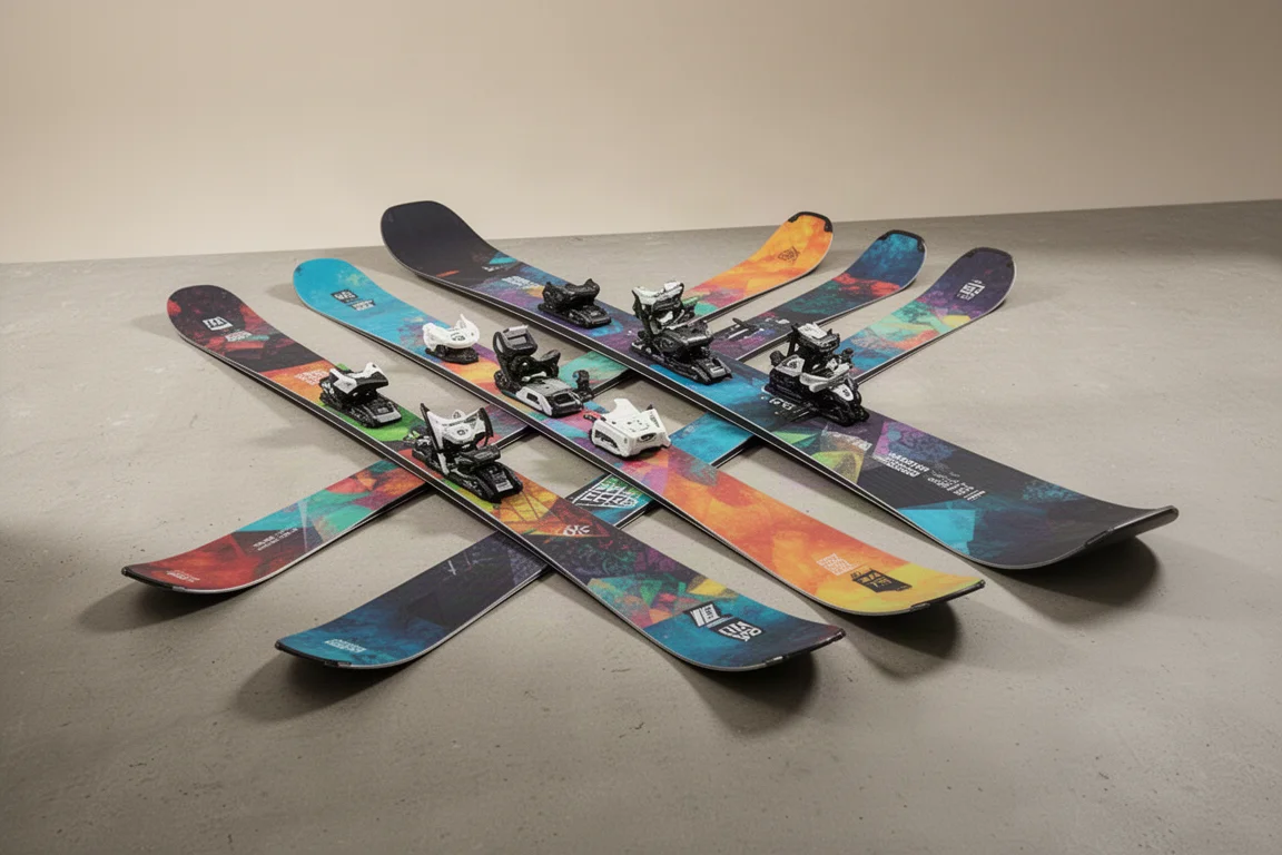 Two pairs of freestyle powder skis side by side on a concrete surface