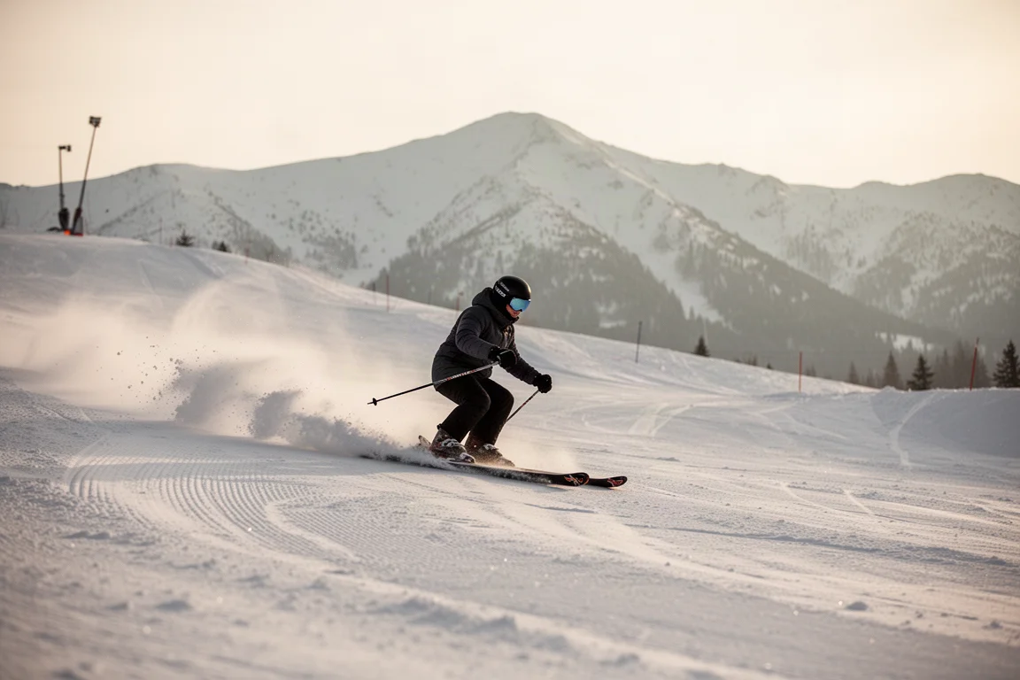 Skier carving playful turns on snow with no poles in soft light