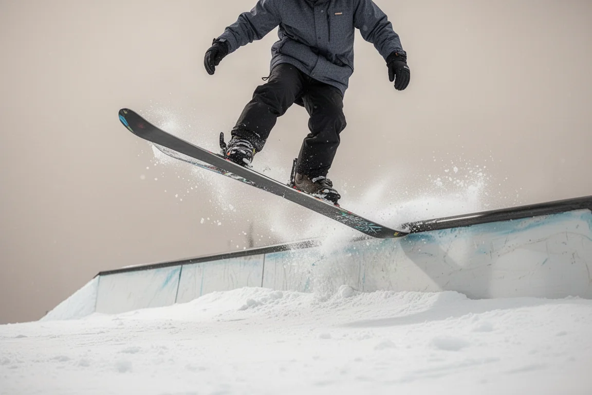 Skier pressing and buttering on a wide-tip twin tip ski in a terrain park